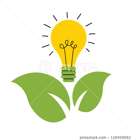 Eco concept illustration in flat cartoon style showing a glowing bulb sprouting from green leaves. Symbol of green energy, sustainability, nature care, and environmental innovation. Eco concept illustration in flat cartoon style showing a glowing bulb sprouting from green leaves. Symbol of green energy, sustainability, nature care, and environmental innovation. 126930082
