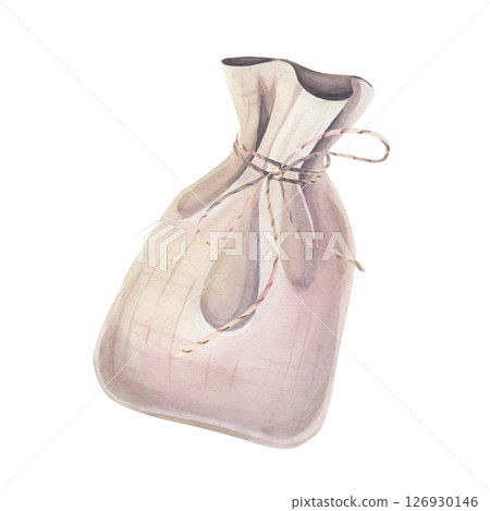 Linen bag tied with a delicate string, watercolor isolated on white. Hand-painted pouch in natural tones, perfect for eco, organic, and rustic-themed designs, natural cosmetics, aromatherapy labels 126930146