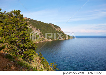 View above big beautiful lake, Baikal lake, Russia. Sunny summer evening 126930229
