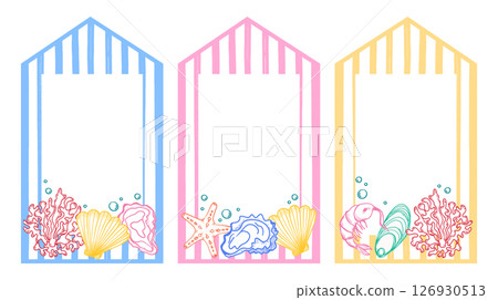 La Dolce Vita themed Frames. Striped Beach Huts with Oysters, Shrimp, Scallop, Coral Cards. Hand-drawn vector inspired by Summer Italian aesthetic for restaurant, cafe and seafood menu. 126930513