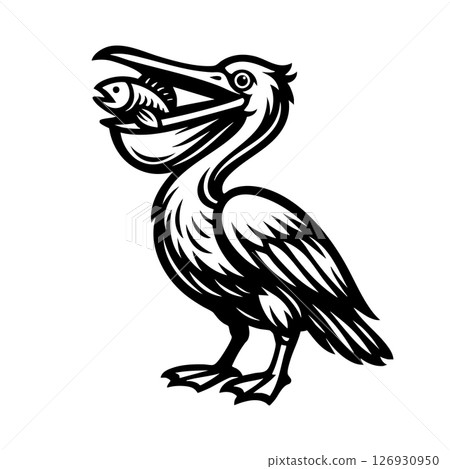 Black and white vector of a spot-billed pelican catching a fish in its beak. Fun, detailed design perfect for wildlife logos, prints, and aquatic themes. Bird. 126930950