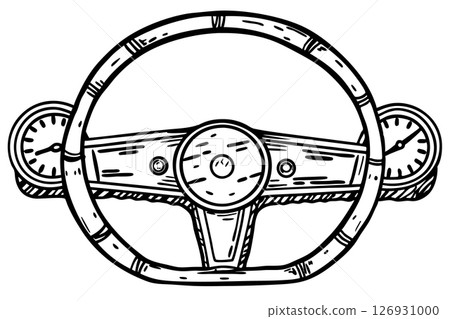 Classic vintage steering wheel sketch retro dashboard illustration with analog gauges, hand drawn automobile interior, AI Generative 126931000