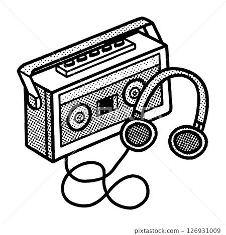 Retro portable cassette player and headphones vintage music listening device with wired earphones, classic audio, AI Generative 126931009