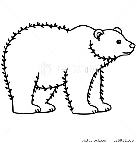 Polar bear outline with decorative stitching, simple black and white design, animal illustration for coloring, AI Generative 126931160