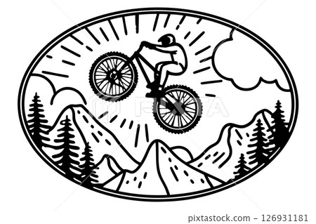 Mountain biker jumping over alpine peaks, action silhouette in nature adventure sports and outdoor excitement emblem, AI Generative 126931181