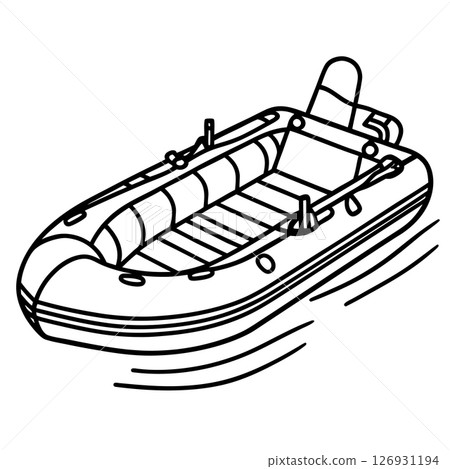 Inflatable rescue boat outline, rubber dinghy sketch emergency watercraft, line drawing illustration, AI Generative 126931194