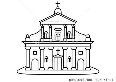 Classic church facade outline symmetrical religious building with columns, dome, cross and arched entrance, black white illustration, AI Generative 126931245