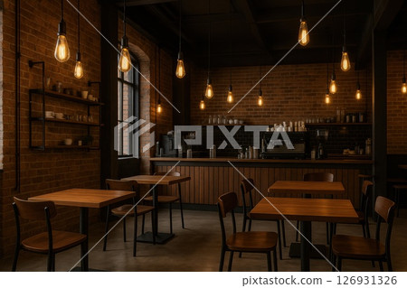 Warm lighting in a modern industrial coffee shop with wooden tables and brick walls creates a cozy ambiance. The image conveys comfort, urban lifestyle and a welcoming atmosphere 126931326
