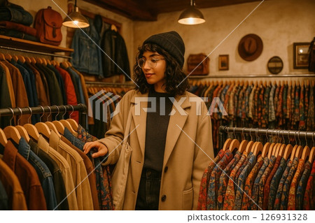 Young woman browsing vintage jackets in a cozy thrift store with warm lighting and rustic decor. The image reflects sustainable fashion, personal style and the charm of second-hand shopping Young woman browsing vintage jackets in a cozy thrift store with warm lighting and rustic decor. The image reflects sustainable fashion, personal style and the charm of second-hand shopping 126931328