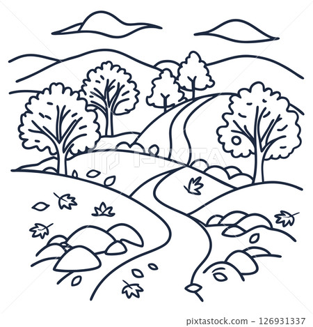 Autumn landscape line art with trees, winding path, hills, and falling leaves nature scenery outline drawing, AI Generative Autumn landscape line art with trees, winding path, hills, and falling leaves nature scenery outline drawing, AI Generative 126931337