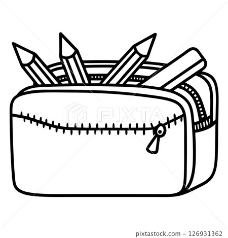 Zippered pencil case holding colored pencils and ruler school stationery, simple line art illustration, AI Generative Zippered pencil case holding colored pencils and ruler school stationery, simple line art illustration, AI Generative 126931362