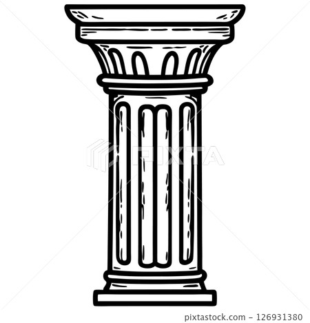 Ancient greek column illustration classic architectural pillar with fluted shaft and ornate capital, black and white engraving, AI Generative 126931380