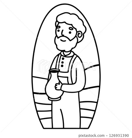 Farmer holding jug illustration bearded man in overalls, rural landscape background, agriculture concept line drawing, AI Generative 126931390