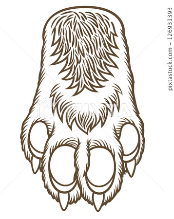Bear paw illustration wild animal foot with claws, fur detail wilderness nature symbol, black and white drawing, AI Generative 126931393