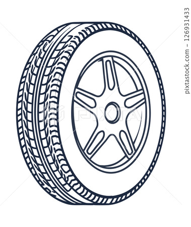 Car wheel and modern tire illustration detailed outline with tread pattern, five spoke rim for automotive design, AI Generative 126931433