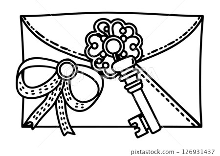 Vintage ornate key and envelope with decorative bow secret letter, mystery invitation, retro communication concept, AI Generative 126931437