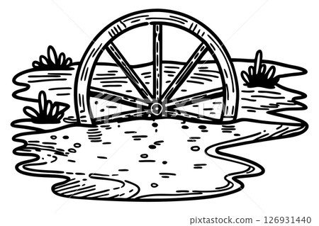 Old wooden wagon wheel stuck in muddy puddle, rural landscape with grass and water, countryside obstacle concept, AI Generative 126931440