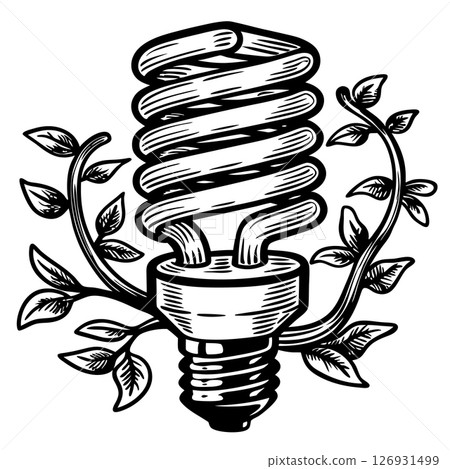 Eco friendly energy concept spiral light bulb with green plant vines sustainable innovation, nature and efficiency, AI Generative 126931499