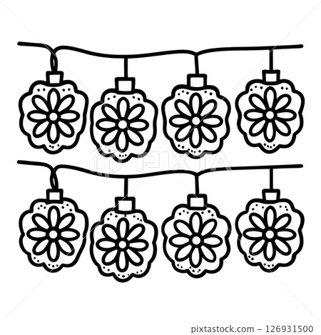 Floral garland string lights illustration, festive decorative hanging ornament for celebration or party decor, AI Generative 126931500