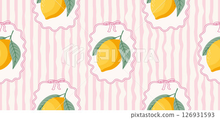 Seamless lemons pattern on pink and white wavy stripes. Summer repeating fruit pattern. Mediterranean coastal design background. Seamless lemons pattern on pink and white wavy stripes. Summer repeating fruit pattern. Mediterranean coastal design background. 126931593