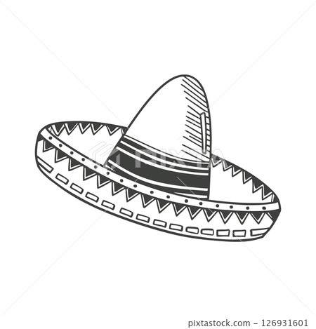 Hand drawn monochrome mexican sombrero hat with ethnic patterns. National symbol of Mexico. Sketch illustration. Hand drawn monochrome mexican sombrero hat with ethnic patterns. National symbol of Mexico. Sketch illustration. 126931601