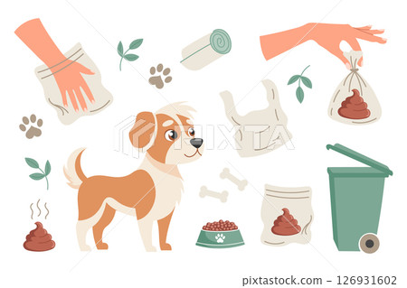 Clean up after your dog concept set. Pet care, environmental awareness and waste disposal. Illustration for social signs, pet products. Clean up after your dog concept set. Pet care, environmental awareness and waste disposal. Illustration for social signs, pet products. 126931602