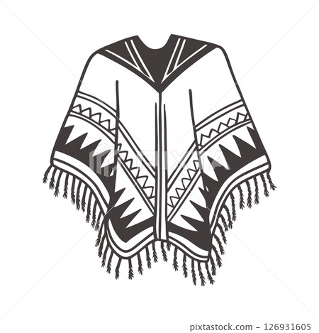 Hand drawn monochrome poncho with fringe and ethnic patterns. National symbol of Mexico. Illustration sketch. 126931605