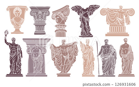 Greek statues aesthetic hand drawn set. Sculptures and architectural elements. Illustrations of antique statues for poster design, wall, pattern, collage. 126931606