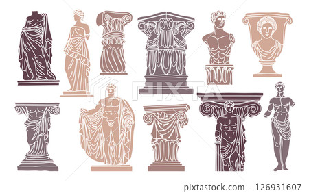 Greek statues aesthetic hand drawn set. Sculptures and architectural elements. Illustrations of antique statues for poster design, wall, pattern, collage. 126931607