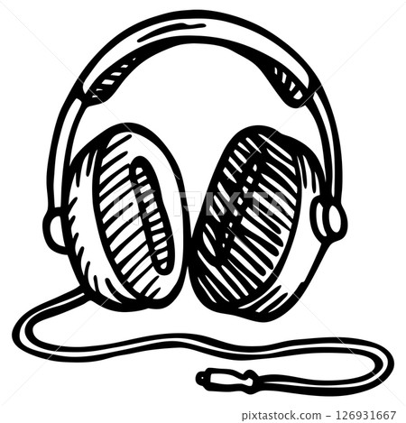 Over ear headphones with cable hand drawn sketch audio equipment for listening to music or podcasts, AI Generative 126931667