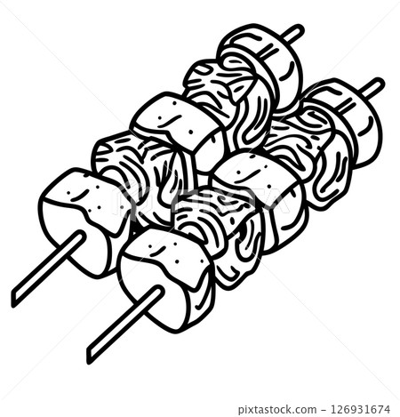 Grilled kebab skewers with meat and vegetables barbecue food, black and white line art illustration, AI Generative 126931674