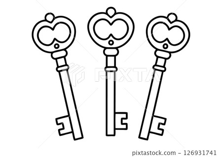Three vintage skeleton keys outlined in black antique old fashioned design, minimalist isolated illustration, AI Generative 126931741