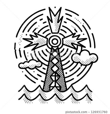 Abstract wind turbine emitting energy waves with clouds and water clean renewable power generation concept, AI Generative Abstract wind turbine emitting energy waves with clouds and water clean renewable power generation concept, AI Generative 126931760