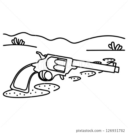 Classic revolver lying on desert ground wild west landscape with hills and sparse bushes, outline illustration, AI Generative 126931782
