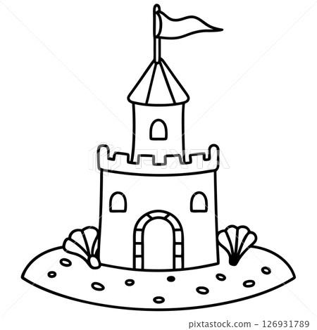 Sandcastle illustration with flag, seashells, and pebbles summer beach kids drawing, outline icon design, AI Generative 126931789