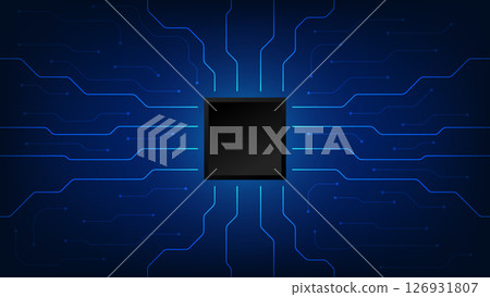 hi tech computer chip on blue circuit board background hi tech computer chip on blue circuit board background 126931807