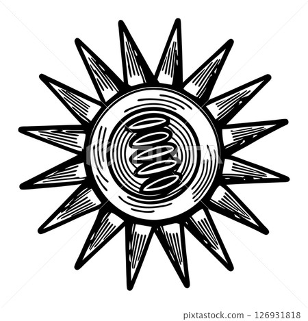 Hand drawn sun symbol with bold rays and textured circular center, black and white line art illustration, AI Generative 126931818