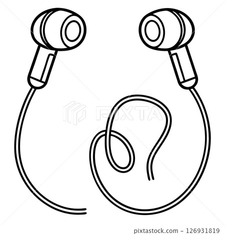 Wired earbuds simple outline audio listening device with cable modern earphone pair minimal black and white line art, AI Generative 126931819