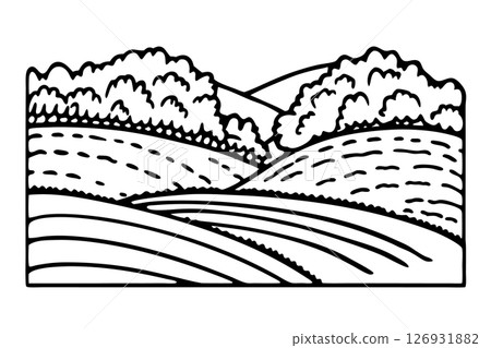Rolling hills landscape illustration with trees and fields black and white rural scenery, agriculture design, AI Generative 126931882