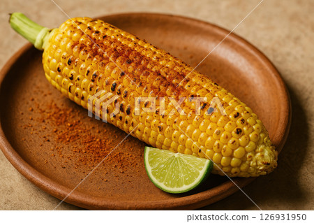 Grilled corn on the cob with chili powder and fresh lime wedge served on a rustic brown plate for a flavorful snack, AI Generative 126931950