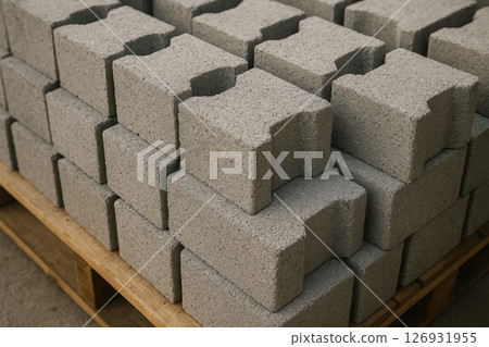 Stack of interlocking concrete blocks arranged on a wooden pallet for construction, featuring uniform texture and industrial design, AI Generative 126931955