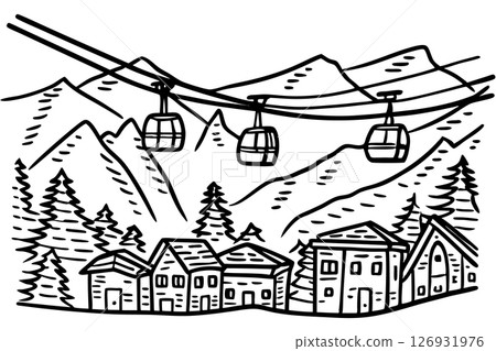 Mountain cable cars above alpine village winter resort gondola, snowy landscape, pine trees, hand drawn illustration, AI Generative 126931976