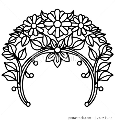 Floral wreath outline with daisies and leaves decorative botanical crown, black and white clip art, AI Generative 126931982