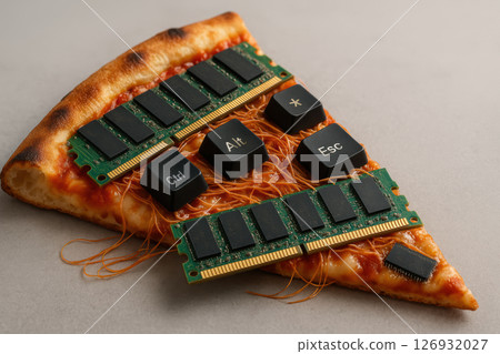 Creative fusion of modern technology and food concept featuring computer keyboard keys and ram on a slice of pizza, AI Generative Creative fusion of modern technology and food concept featuring computer keyboard keys and ram on a slice of pizza, AI Generative 126932027