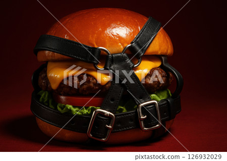 Juicy cheeseburger wrapped in black leather straps on dark background combining food fashion with bold, unexpected creativity, AI Generative 126932029