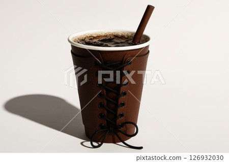 Brown leather lace up sleeve wrapped around a takeout cup filled with fizzy cola and a straw on a light background, AI Generative 126932030