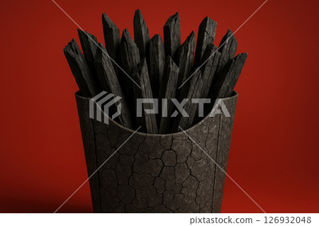 Charcoal sticks arranged upright in a cracked textured container against a bold red background with dramatic lighting, AI Generative 126932048
