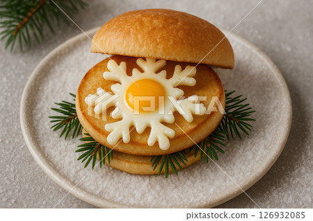 Creative festive breakfast sandwich with snowflake shaped egg, fluffy bun, potato patty, and pine garnish on white plate, AI Generative 126932085