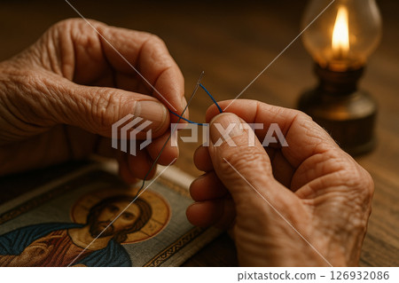 Elderly hands threading needle by warm lamp light beside religious icon, showcasing patience and careful craftsmanship, AI Generative Elderly hands threading needle by warm lamp light beside religious icon, showcasing patience and careful craftsmanship, AI Generative 126932086
