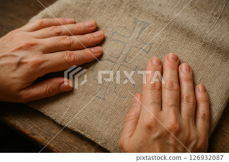 Hands gently touching burlap fabric with embroidered religious cross symbol, concept of spirituality and contemplation, AI Generative 126932087
